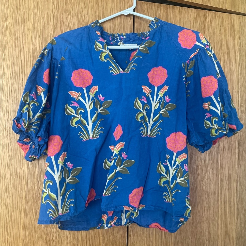 THML Blue Floral Puff-Sleeve Blouse with Pink & Green Print